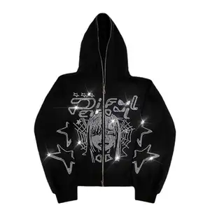 China Manufacturer OEM Full Zip Up Hoodie Jacket Men Face Masked Custom High Quality Rhinestone Hoodie