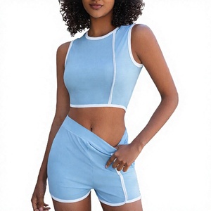Light Blue 2-Piece Eco-Friendly <b>Lace</b> Active Wear Set with <b>Elastic</b> Waist Shorts Solid Color Breathable Yoga Wear and Front Logo - Product Image 1