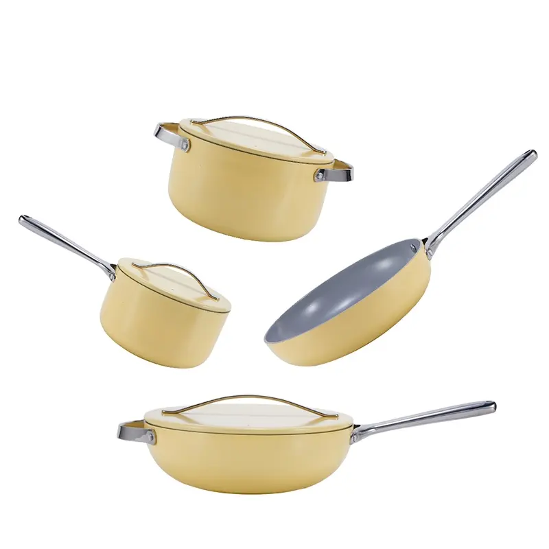 Yellow Modern Kitchen Set Non-Stick Aluminium Pots Pans Ceramic Coating Frying Pan Eco-Friendly Camping Cookware Induction Base