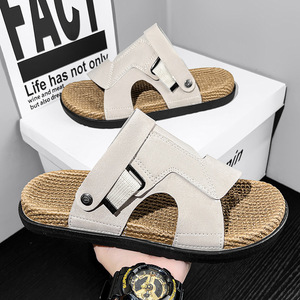 Outdoor beach cork sandals Designer men's casual slippers Beach <b>flat</b> leather slides Breathable men's slides slippers for men - Product Image 2