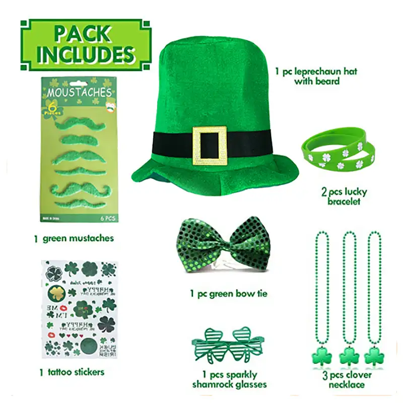 Conjunto de accesorios de disfraces de desfiles irlandés, sombrero de trébol, collar, gafas, tatuajes temporales, pegatinas, pulseras de la suerte