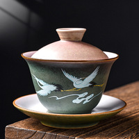 Service à thé Kung Fu en céramique Japandi Vintage bol à trois talents couvercle en forme de grue émaillée créatif ménage café thé brassage Ware