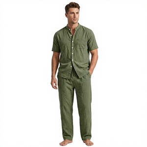 Ensemble de pyjama en satin de coton vert uni pour homme, chemise à manches courtes et pantalon long, respirant, décontracté, pour l'été, coupe ample, anti-rétrécissement, 140g - Product Image 1