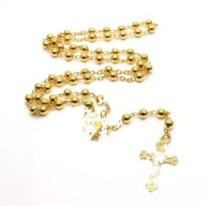 Collier chapelet en perles de cuivre dorées et argentées de 6 mm, bijoux religieux unisexe pour cérémonies et festivals, vente en gros - Product Image 3