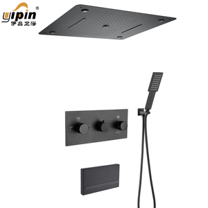 Led cảm biến nhiệt độ mưa kép Đầu vòi hoa sen vuông LED điều nhiệt năm chức năng tắm Mixer <span class=keywords><strong>Set</strong></span> với nút đen Brass Matt - Product Image 1