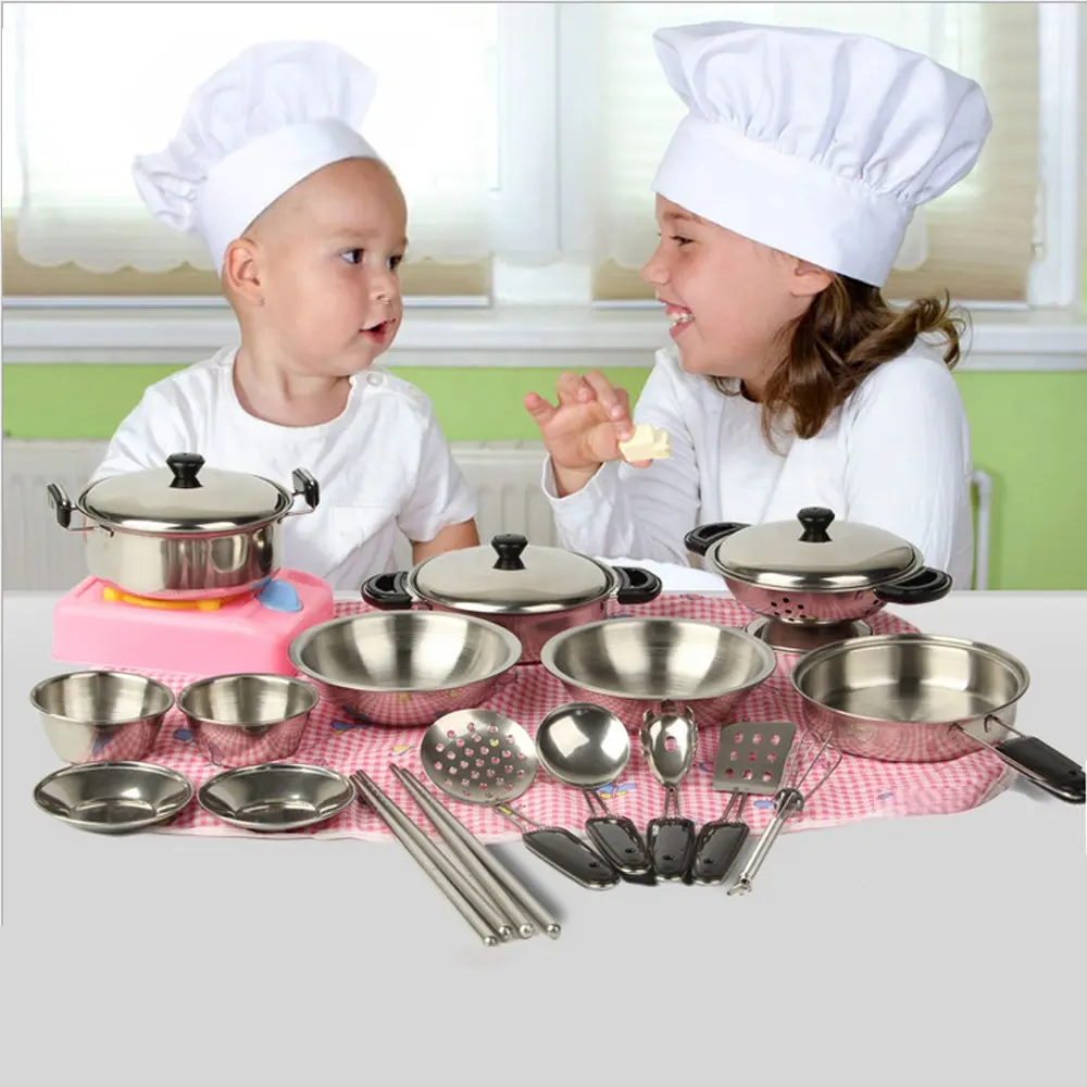 new Stainless Steel Pots Pans Kids House Kitchen Toys Cooking Cookware Children Pretend Play Kitchen