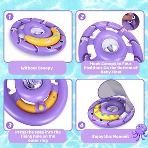 Bouée de piscine pour bébé sur le thème de la pieuvre violette avec auvent solaire amovible UPF50+ et siège de sécurité réglable - Product Image 4