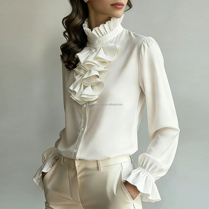 Chemisier personnalisé pour femme à volants et <span class=keywords><strong>jabot</strong></span>, col montant, manches longues, en satin de soie, élégant, pour le bureau, fabrication OEM - Product Image 4