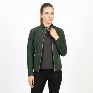 <b>Men's</b> Green <b>Suede</b> Moto <b>Jacket</b> Stand Collar Zipper Closure Slim Fit Autumn Style - Product Image 1