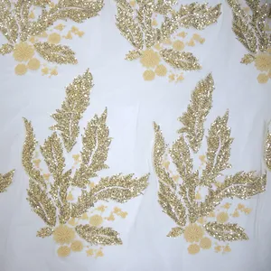 HY0940 Neue indische Gold Pailletten Tüll Spitze Hochzeits kleid Material 3d Stickerei Perlen Blatt Spitze Stoff für Frauen