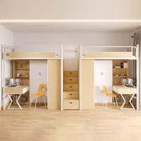 Lit superposé en acier et bois à deux niveaux avec bureaux séparés pour frères et sœurs partageant une chambre