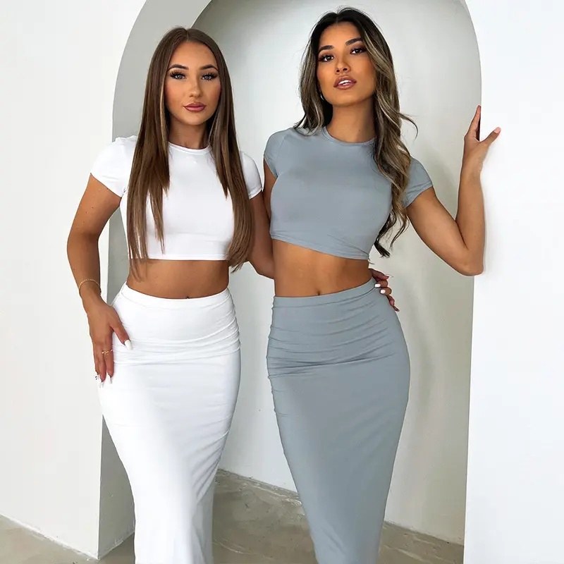 Custom Logo Solid Color Girls Skirt Outfit Casual Women Two Piece Set Hot Style Sleeveless Crop Tops Long Women Casual Dress