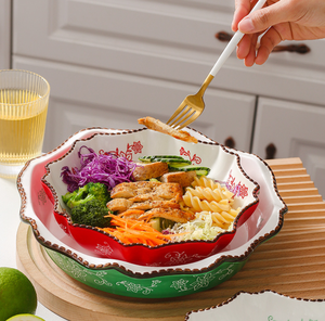 Tazón de Cerámica Floral Navideño para Ensalada, Tazón para Cena con Borde Ondulado en Relieve, Tazón Decorativo Multicolor para Servir en Fiestas Navideñas - Product Image 2