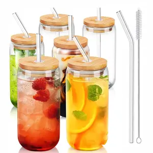 FXL Hot Sale Beer Can Shaped Drinking Glasses 12oz 16 oz Glass Cups with Bamboo Lid and Straw for Smoothie, Boba Tea, Water