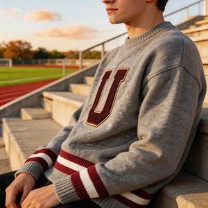 Pull ras du cou rétro style universitaire BSCI/WRAP pour homme avec lettres en feutre brodées, poignets rayés, tricot vintage d'automne - Product Image 5