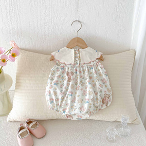 Combinaison en coton pour bébé fille Angou Baby's Summer Floral Hare, adorable barboteuse à motif d'ours, tenue fine sans manches, vêtements pour bébé - Product Image 4