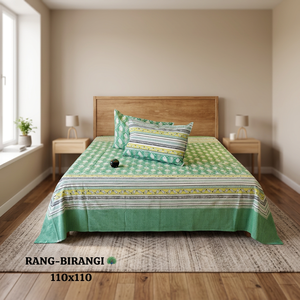 Parure de lit en coton Rang-Birangi, drap imprimé avec taies d'oreiller, motif vert traditionnel, pour usage domestique - Product Image 3