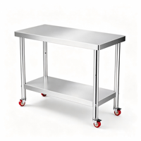 Table de préparation double couche robuste pour cuisine commerciale avec roulettes pour restaurant, hôtel, boulangerie, table de travail en acier inoxydable