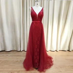थोक लाल रंग वि गर्दन फीता पिपली शाम पोशाक Tulle पूर्ण लंबाई महिलाओं पार्टी पोशाक