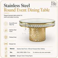 Table de banquet ronde en acier inoxydable doré avec base en treillis diamanté et plateau en verre trempé miroir pour hôtels (vente en gros)