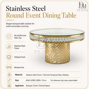 Table de banquet ronde en acier inoxydable doré avec base en treillis diamanté et plateau en verre trempé miroir pour hôtels (vente en gros) - Product Image 4