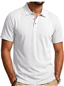 Chemise Homme Tricotée Jacquard Texturée Unie Respirante à Manches Courtes avec Col et Poignets Contrastants, Bordure Motif Clé Grecque, Style Smart Casual Tendance - Product Image 1
