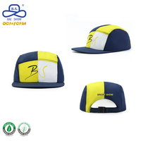 Casquette de baseball à 5 panneaux, style camper, à séchage rapide, à visière plate, avec logo personnalisé BS Script, coloris bleu marine, jaune et blanc