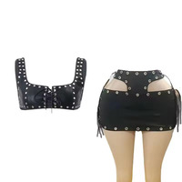 Ensemble jupe deux pièces en cuir PU sexy avec rivets, femmes, veste sans manches à lacets et mini-jupes, tenues tendance