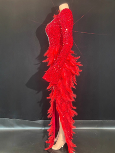 Elegante <span class=keywords><strong>Abito</strong></span> da Sera <span class=keywords><strong>Rosso</strong></span> Lungo fino al Pavimento per Donne, Lussuoso con <span class=keywords><strong>Spacco</strong></span> Alto, Paillettes e Strass in Tessuto di Lana - Product Image 3