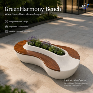 Modern Curved Patio <b>Bench</b> Outdoor Seating with Planter Integrated Wood Grain White Public Lounge <b>Bench</b> - Product Image 6