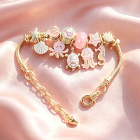 Bracelet à breloques DIY en alliage, design animaux du monde sous-marin, avec quartz rose, coquillages et étoiles de mer, luxe léger et de niche