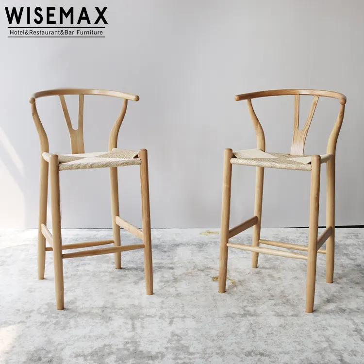 WISEMAX卸売工場ウィッシュボーン木製ハイバーチェア織りシート付きバックレスハンズウェグナーバースツールチェア用バー