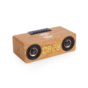 Premium wood cabinet output 6W peak powerful bass wireless wooden subwoofer home speaker with Wireless Charger and Clock