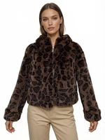 Damen Kunstpelz-Mantel mit Kapuze, Schlanke Passform, Lässiger Stil, Reißverschluss, Dick, Leopardenmuster, Normale Länge, Umweltfreundlich, Weiches Polyester