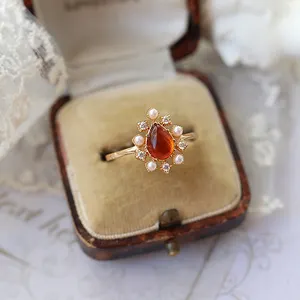 Vintage Amber Ring For Women Elegant Bijou Pearl 925 Sterling Silver Gold Plated Fine Jewelry Wedding Engagement Ring LAMOON