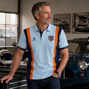 Polo de manga corta para hombre, estilo color block, para equipo de carreras, tejido piqué, con empalmes verticales, logotipo bordado personalizado, uniforme para club de motor. - Product Image 1