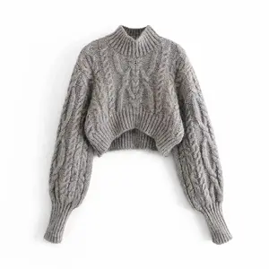 Sweter Santai Wanita, Sweater Tebal Delapan Untai Rajut Crop Lembut Hangat Gaya Malas Santai Musim Dingin