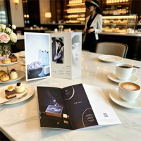 Impression personnalisée de brochures tri-pliées pour hôtels, promotion de gâteaux de lune, papier spécial 300 g/m², pliage double face, rainurage, reliure parfaite, film