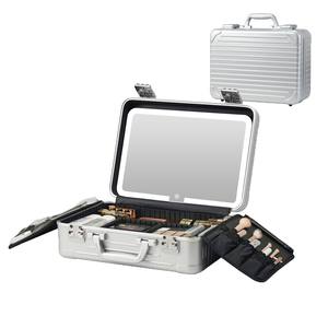 Boîte de rangement pour maquillage argentée avec miroir LED, grande capacité, trousse de toilette portable avec compartiments amovibles - Product Image 1