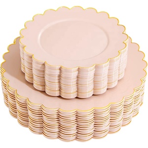 <span class=keywords><strong>Assiette</strong></span> en plastique jetable <span class=keywords><strong>rose</strong></span> ronde de 9 "avec bord doré festonné, ensemble de vaisselle à fleurs à dessert blanches, vaisselle de camping - Product Image 2