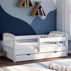 Cama de madera de color blanco para niños, muebles de dormitorio con 1 cajón, marco de madera resistente para niños pequeños, cama en forma de casa, diseño para niños - Product Image 1