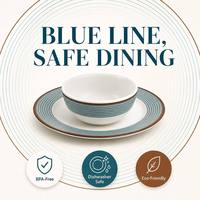 Service de table en mélamine bleu style nordique, assiettes et bols à lignes concentriques avec plateau rectangulaire pour hôtels et cafés, certifié CE
