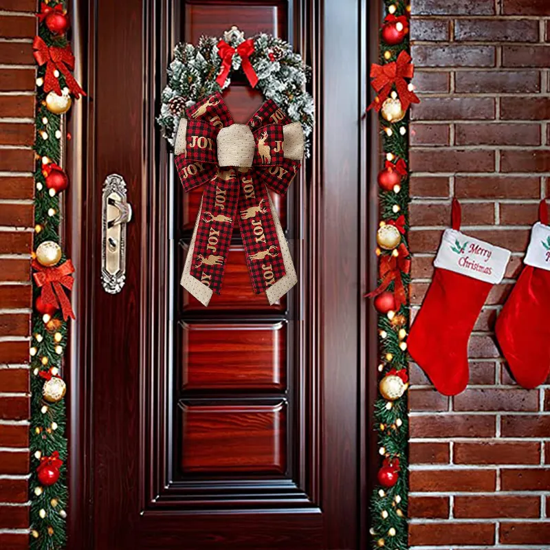 โบว์ริบบิ้นสไตล์ตะวันตกลายสก๊อตสำหรับเป็นของขวัญต้นคริสต์มาสและของตกแต่งบ้าน