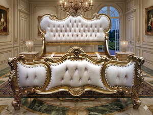 Lit en bois capitonné de luxe avec gravures classiques, meubles de chambre à coucher de style antique - Product Image 3