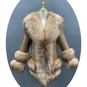 Hand Made XXL Plus Size Women Soft Sheepskin Leather Jacket Real Red Fox Fur Coat