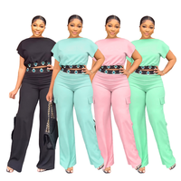 C10014 Ensemble 2 pièces décontracté pour femme-T-shirt ample à motif solide et pantalon tissé-Top et pantalon pour femme