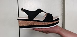 Summer Women's High Heel Round Toe Black Cloth Material Platform Open Wedge Sandals for Women - Product Image 5