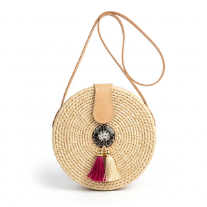 Bolso Redondo Mini Bohemio de Rafia con Cierre de Solapa con Borlas, Correa para el Hombro, Forro de Algodón, Moda para Todas las Temporadas, Bolso de Mano para Mujer - Product Image 2