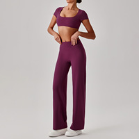Vêtements de sport personnalisés, ensemble de yoga à manches courtes et pantalon large, 2 pièces, vêtements de sport pour la salle de sport, vêtements de fitness en plein air, ensembles pour femmes