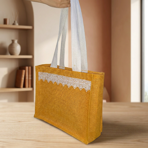 Sac de courses en jute 14x16x5 pouces, grande capacité 1,9 L, fourre-tout durable en fibre naturelle avec fermeture à lacets et deux anses - Product Image 1